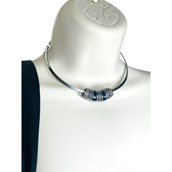 Tibetan Silver Filligree Sliding Pendant Charm Blue EnameL Necklace Choker VNTG - Picture 3 of 8